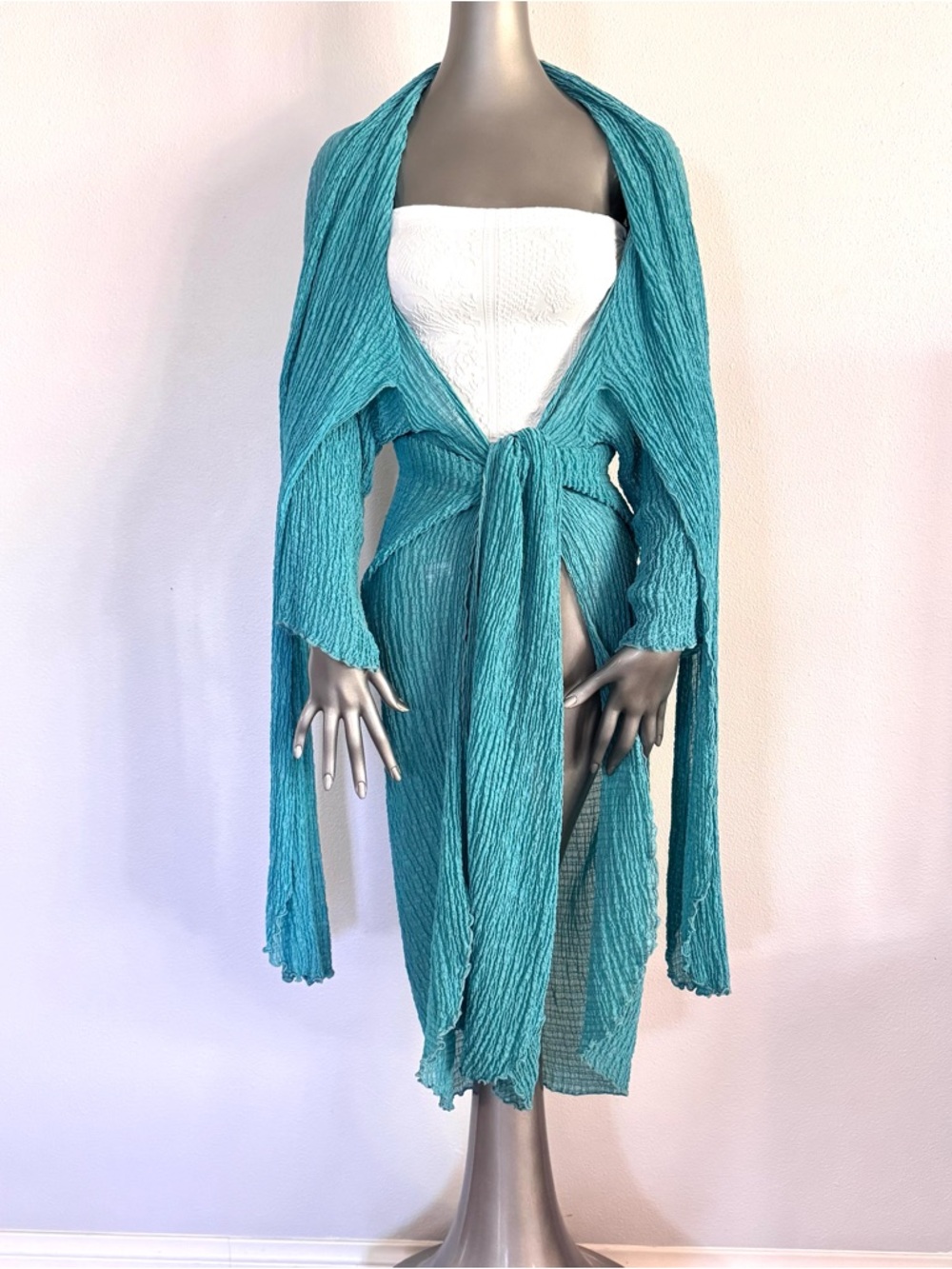 URU Dream Coat 100% Silk Crinkle Duster Cardigan Turquoise Size 2 NWT - Picture 6 of 12